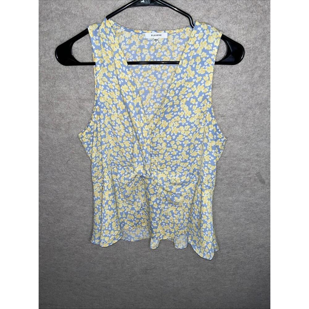 Pleione Twist Front Top Womens Size XS Yellow Gray Floral Peplum Blouse